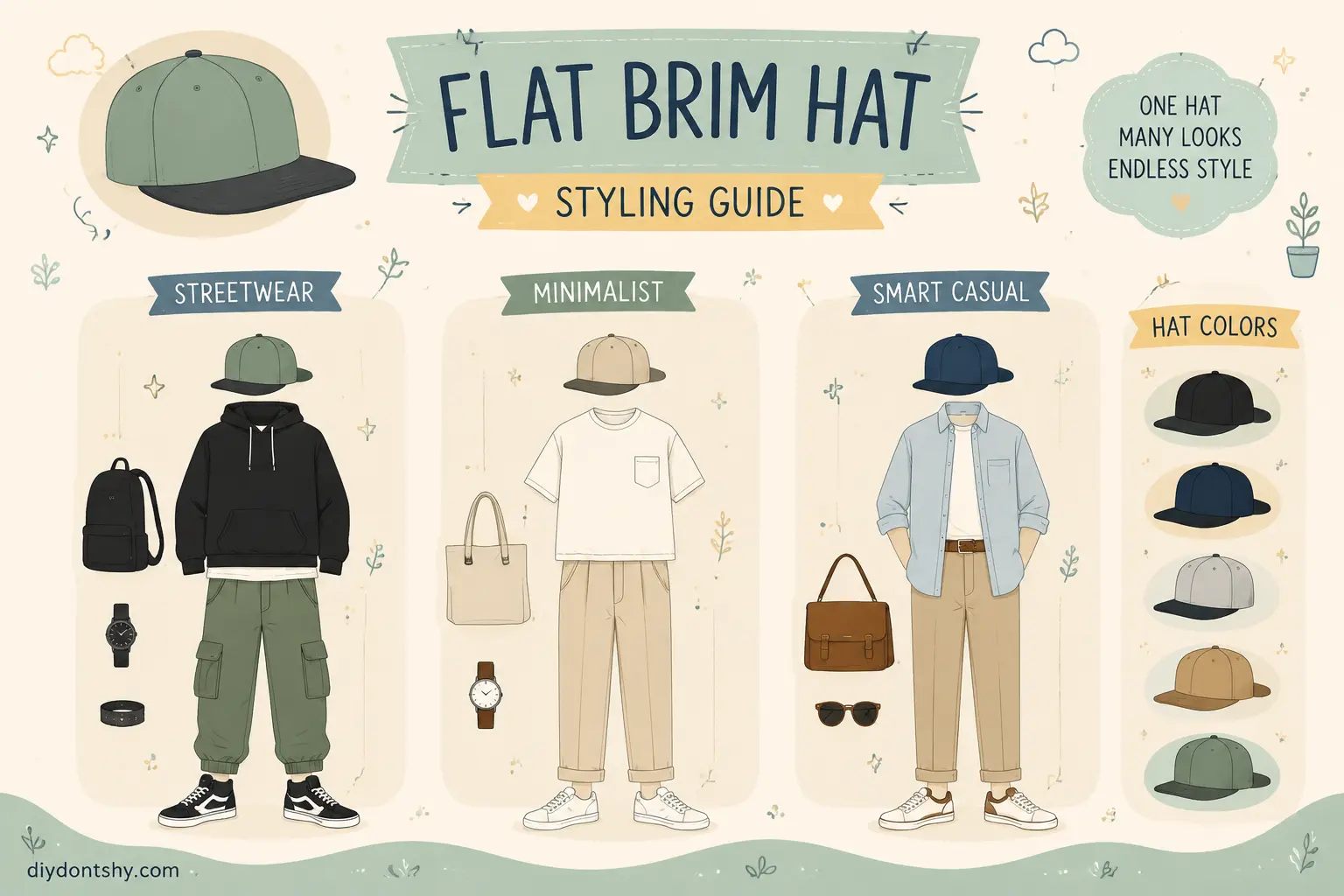 Flat brim hat styled with modern casual outfits