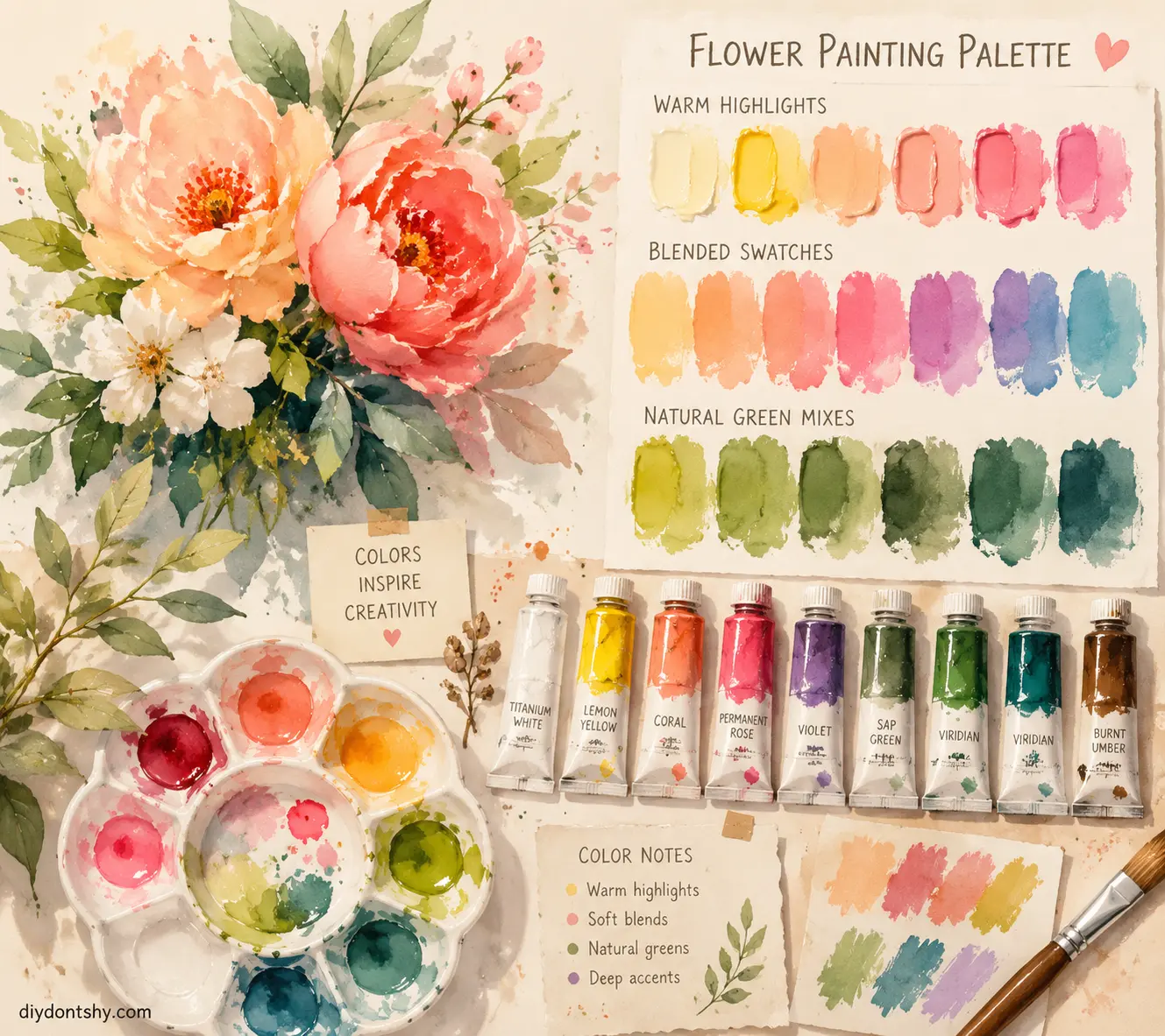 Artist color palette showing acrylic colors blended for realistic flowers