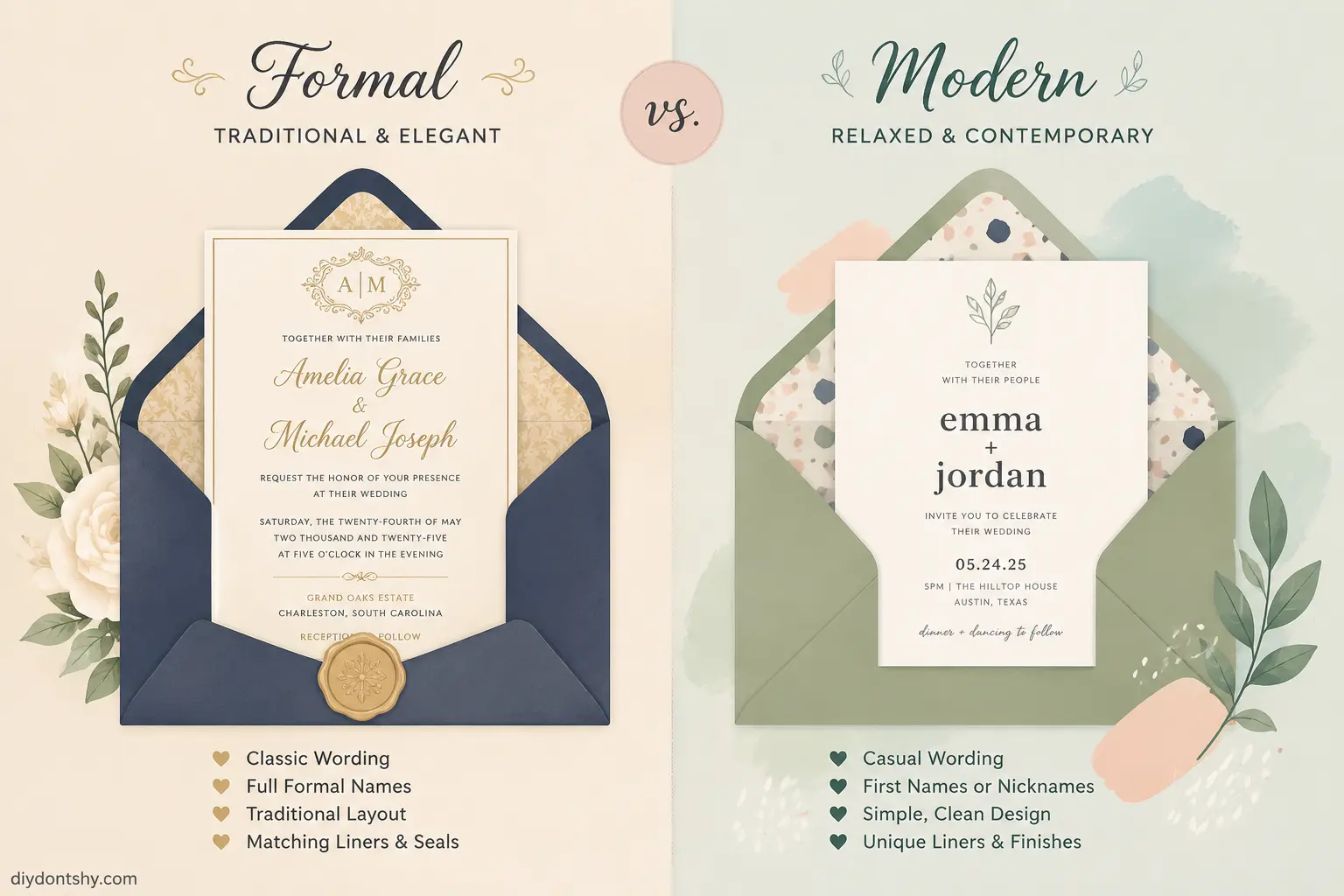 Comparison of formal and modern wedding invitation envelope styles