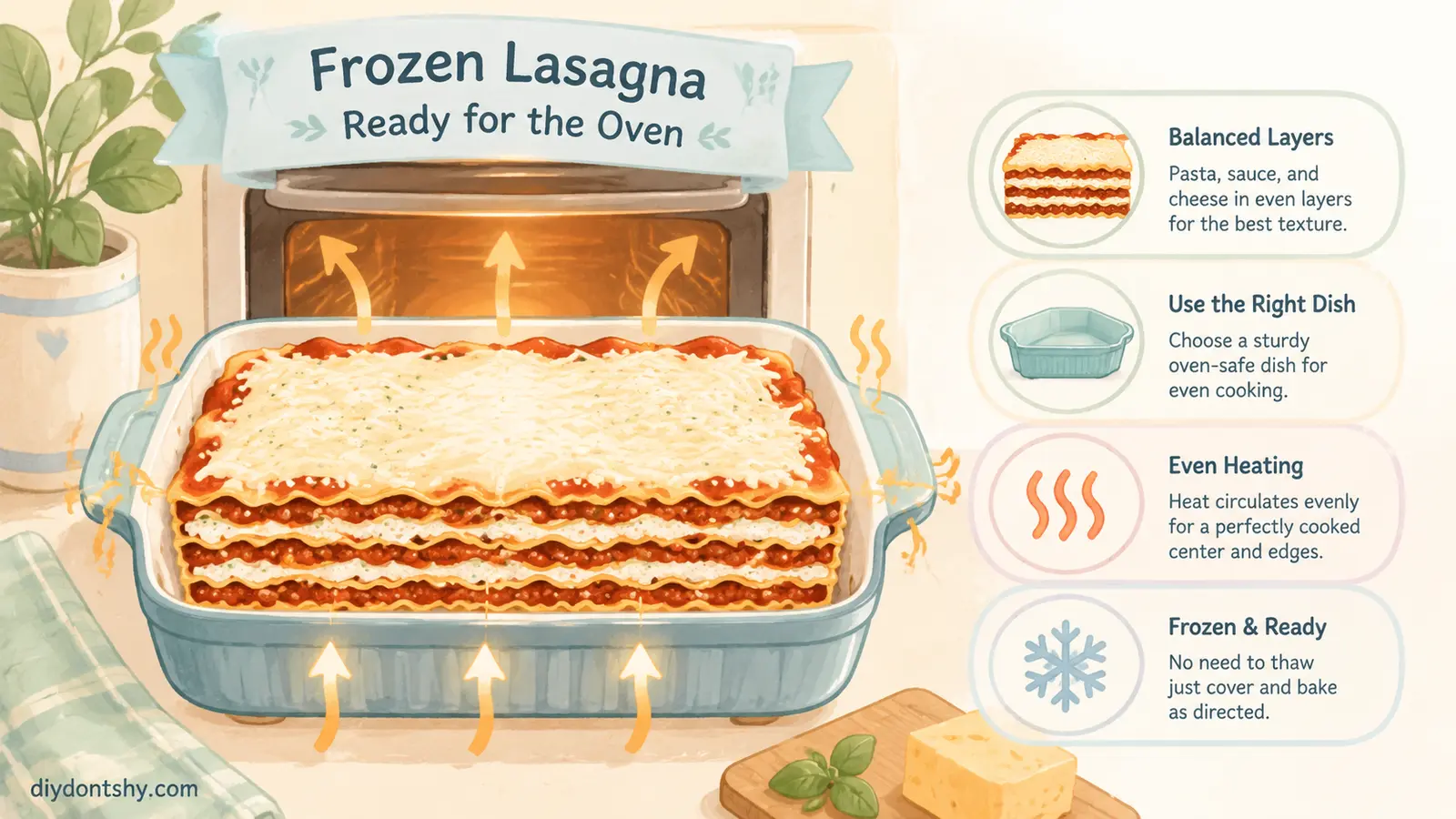 Frozen lasagna prepared in a baking dish for even heating