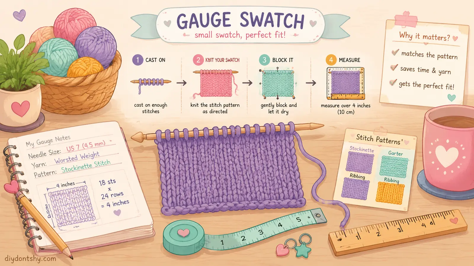 Knitter creating a gauge swatch to test worsted yarn
