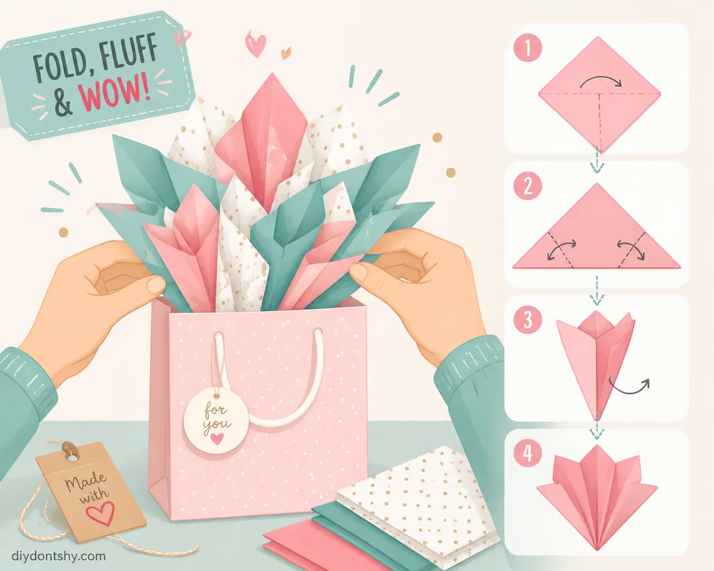 Hands creating neat decorative tissue paper folds in a gift bag