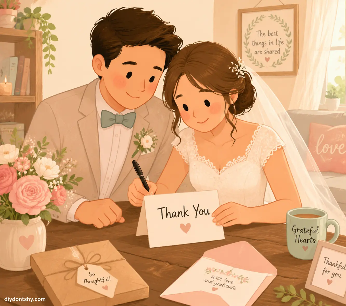 Elegant wedding couple expressing gratitude for a monetary gift