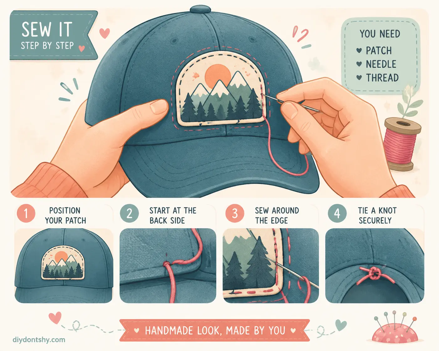 Hand sewing a patch onto a curved hat