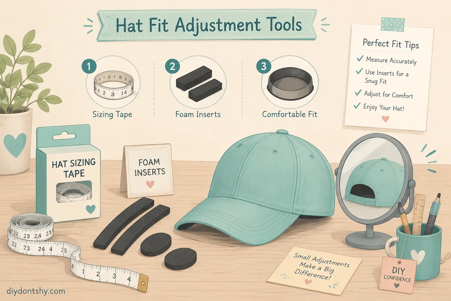 Illustration of hat sizing tape and inserts for comfort adjustment