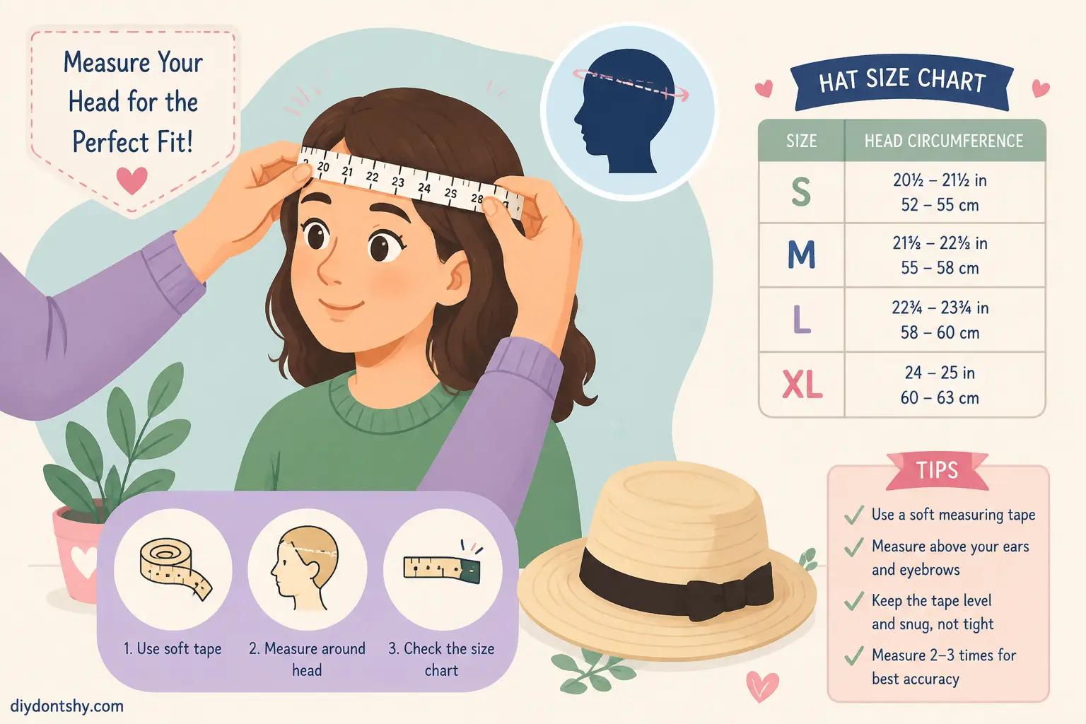 Illustration of measuring head size for a perfectly fitted hat