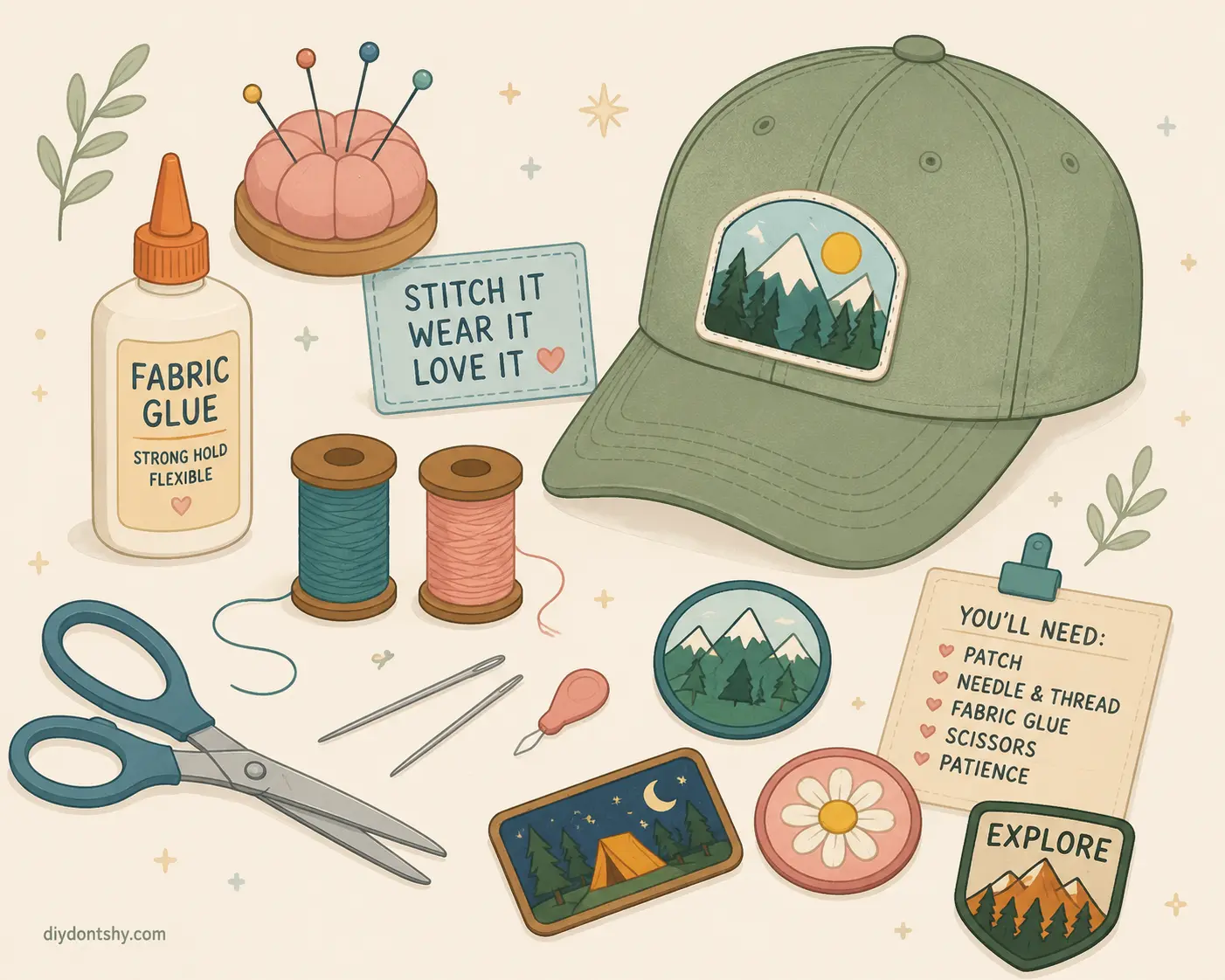 Essential tools and materials for sewing hat patches