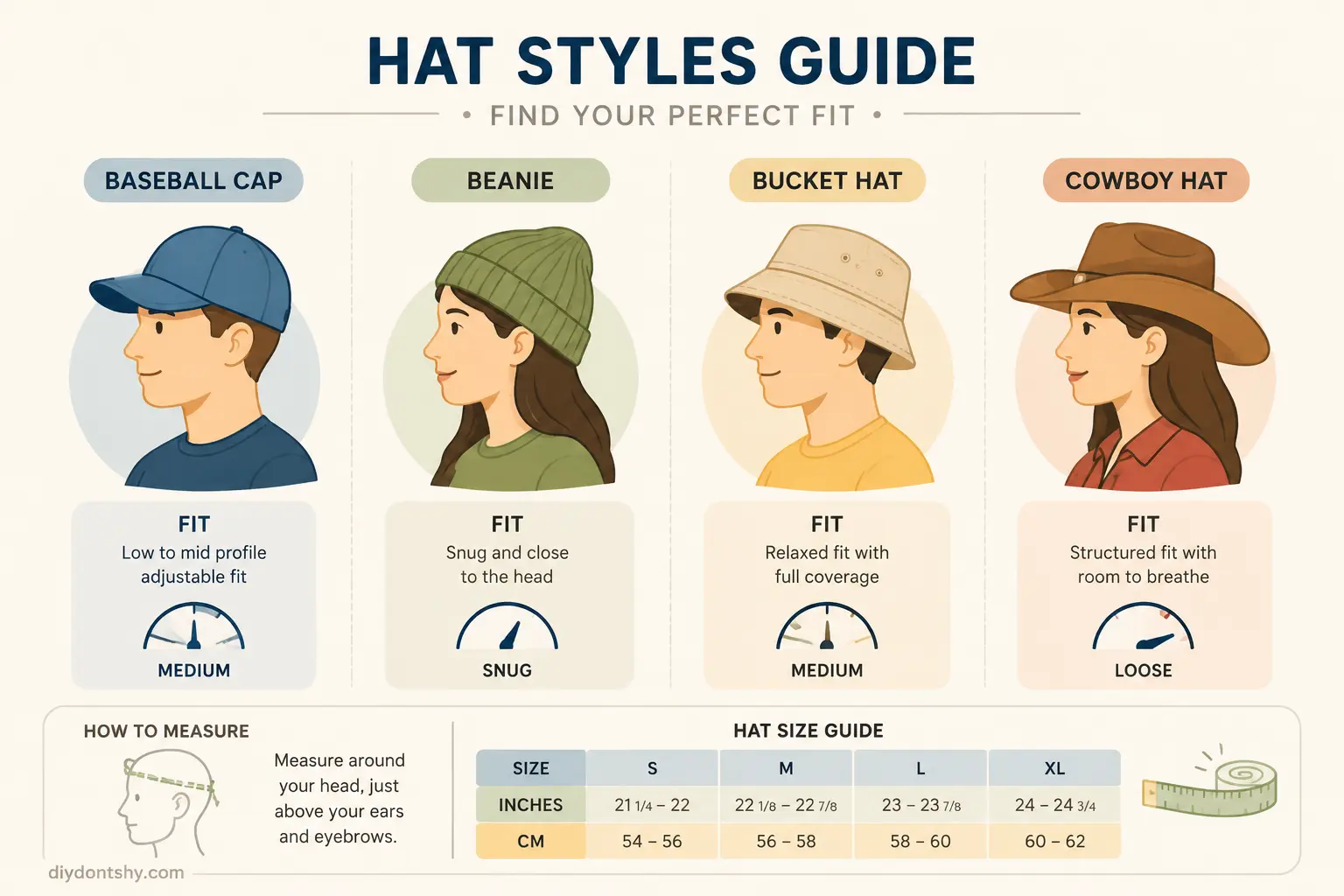 Stylized comparison of different hat styles and their fits