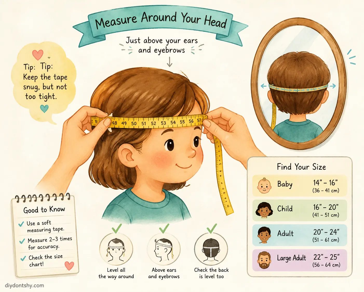 Illustration showing accurate head circumference measurement with a tape