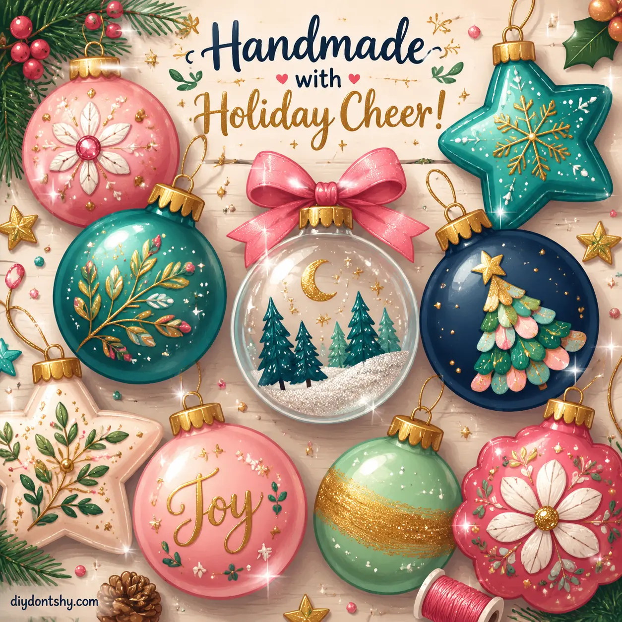 Decorative ornaments with metallic glitter and matte finishes