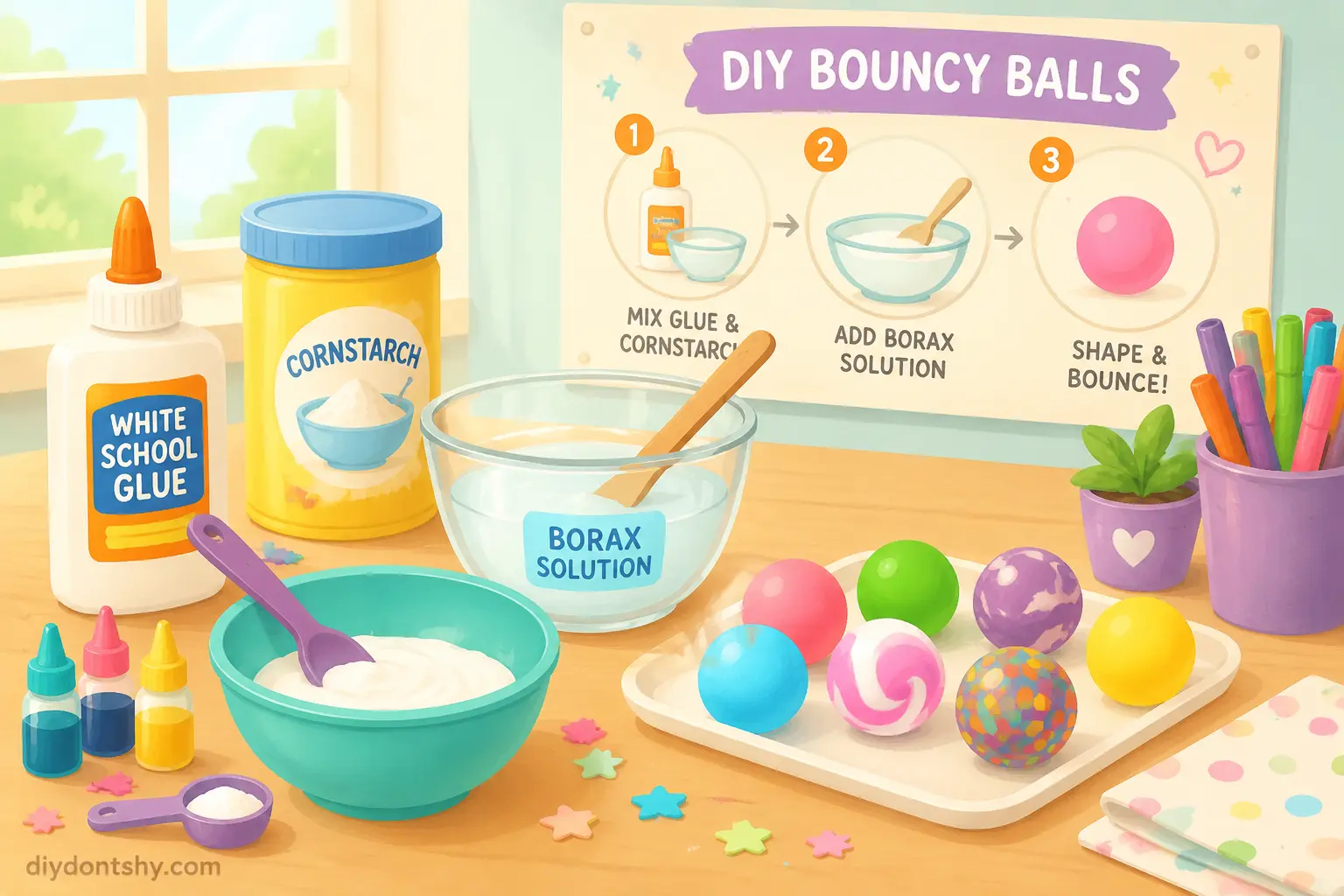 Colorful homemade bouncy ball ingredients arranged for a DIY craft