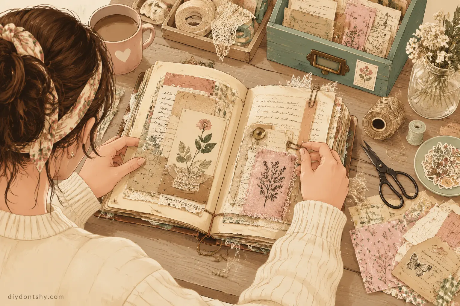 Person creating a cozy junk journal with layered paper and memories