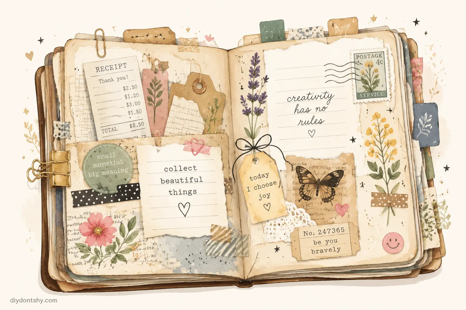 Creative junk journal pages made from unexpected everyday materials