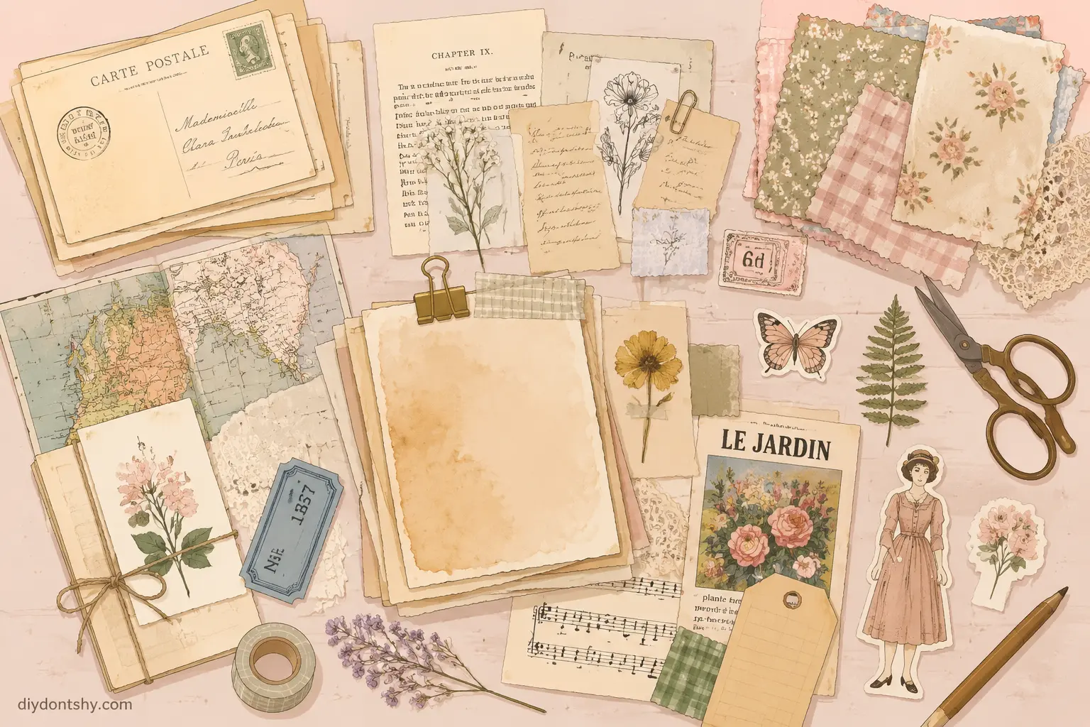Collection of vintage papers and keepsakes used for junk journaling