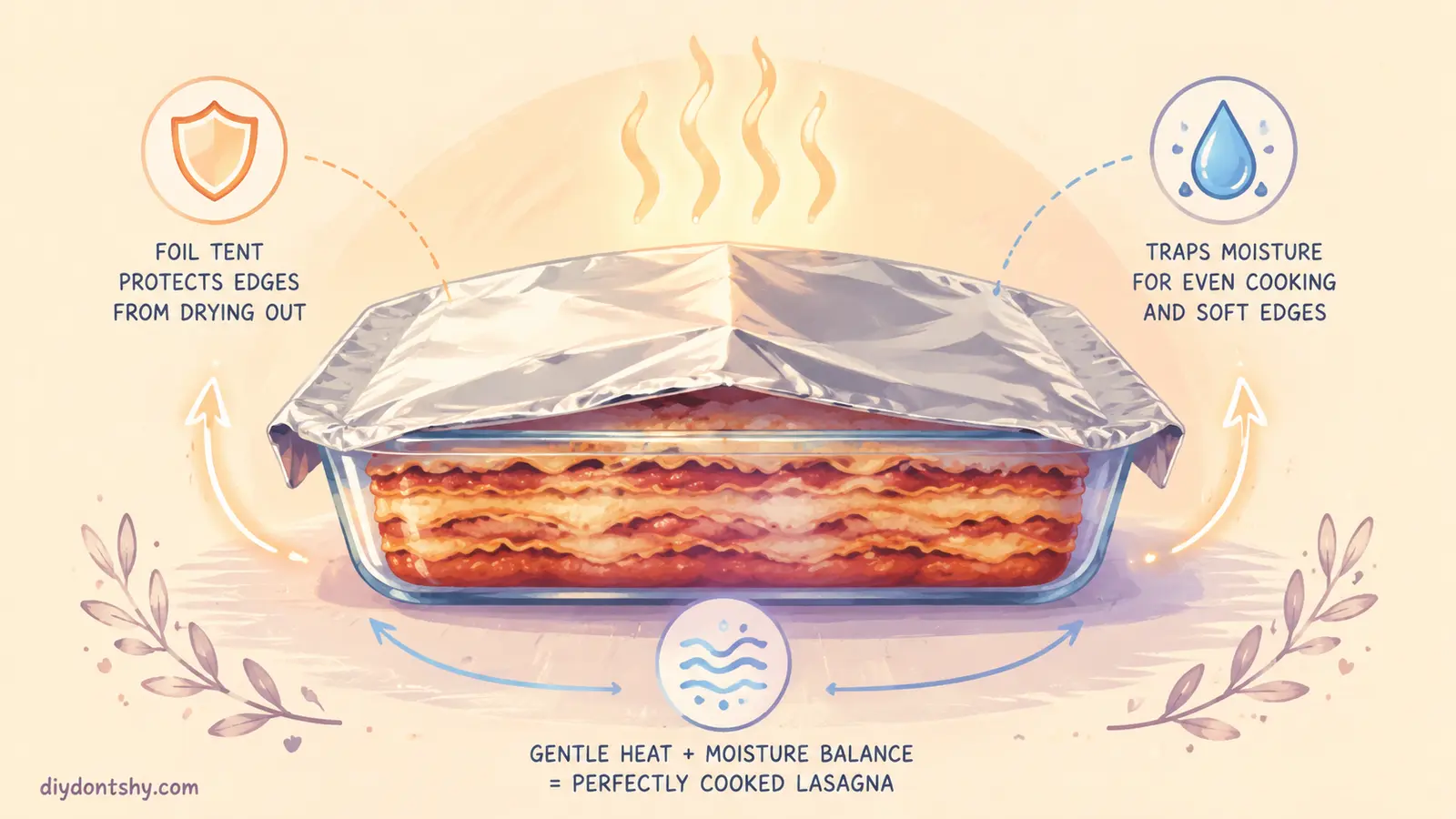 Covered frozen lasagna with foil preventing dry edges