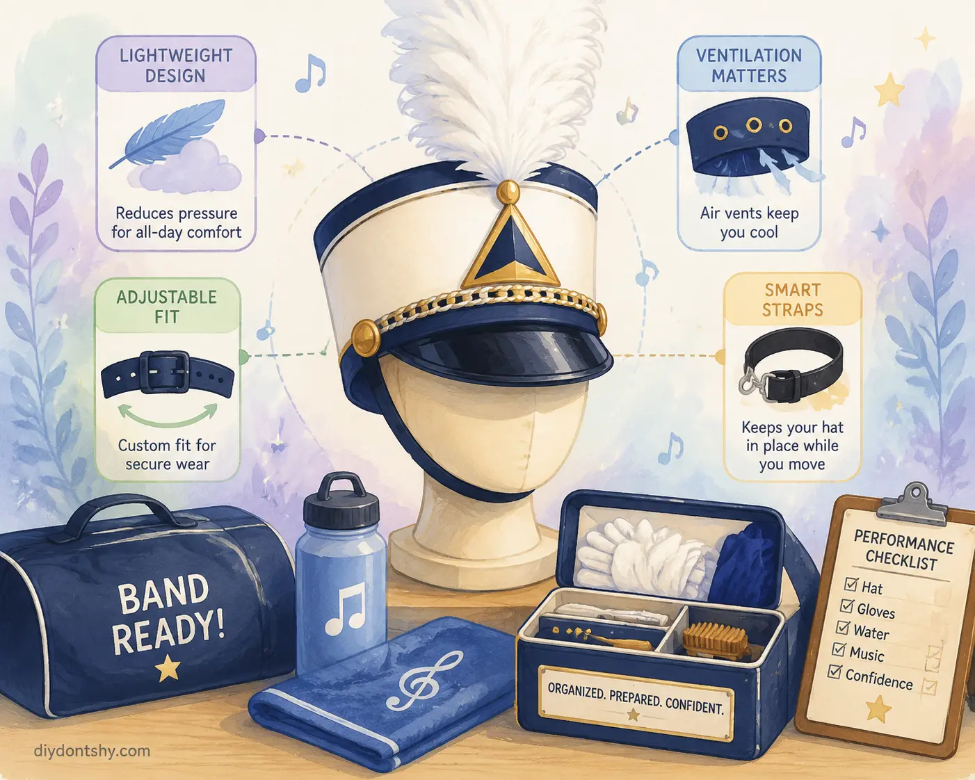 Marching band performer accessories showing comfort and functional hat design