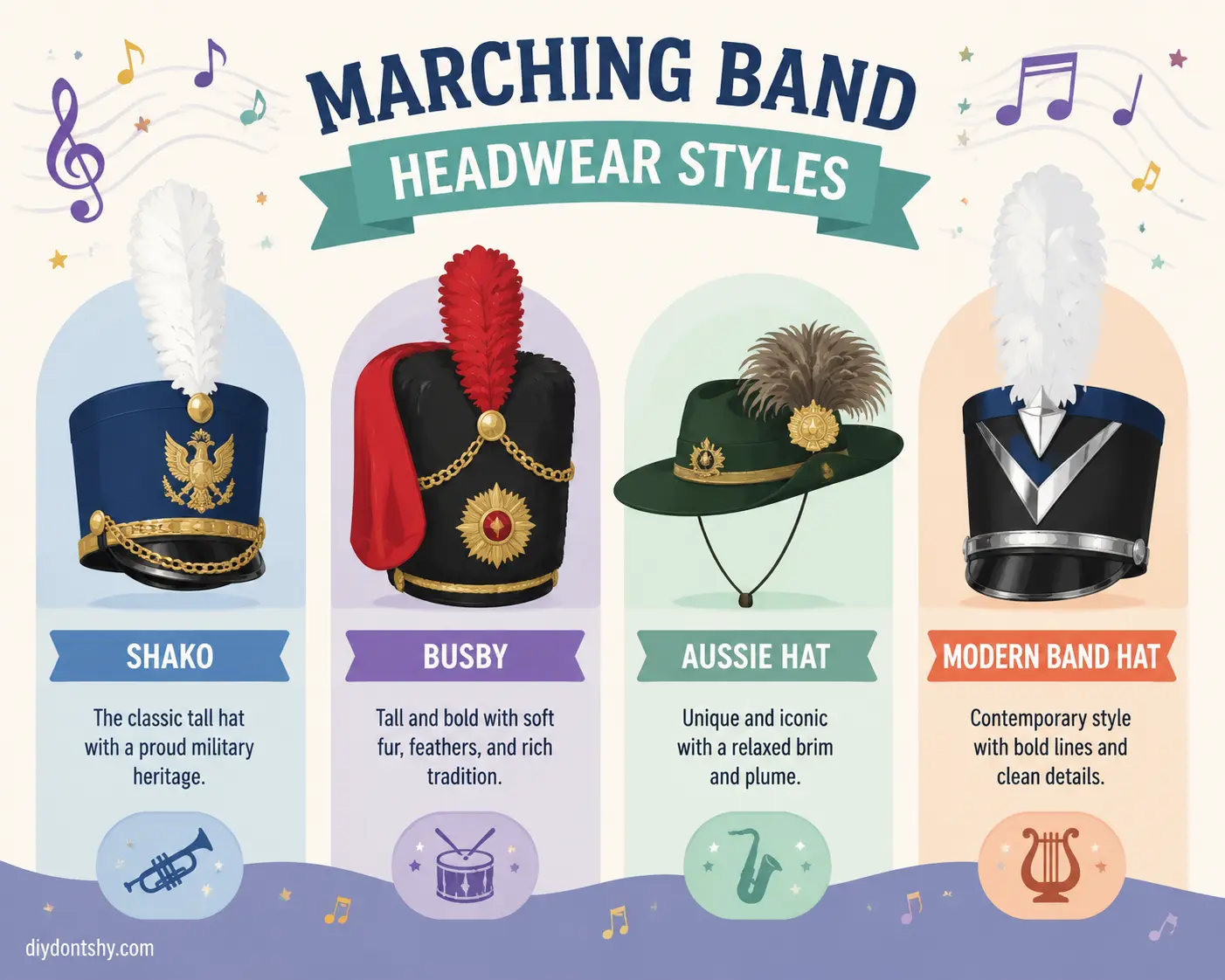 Different styles of marching band headwear including shakos and plumes