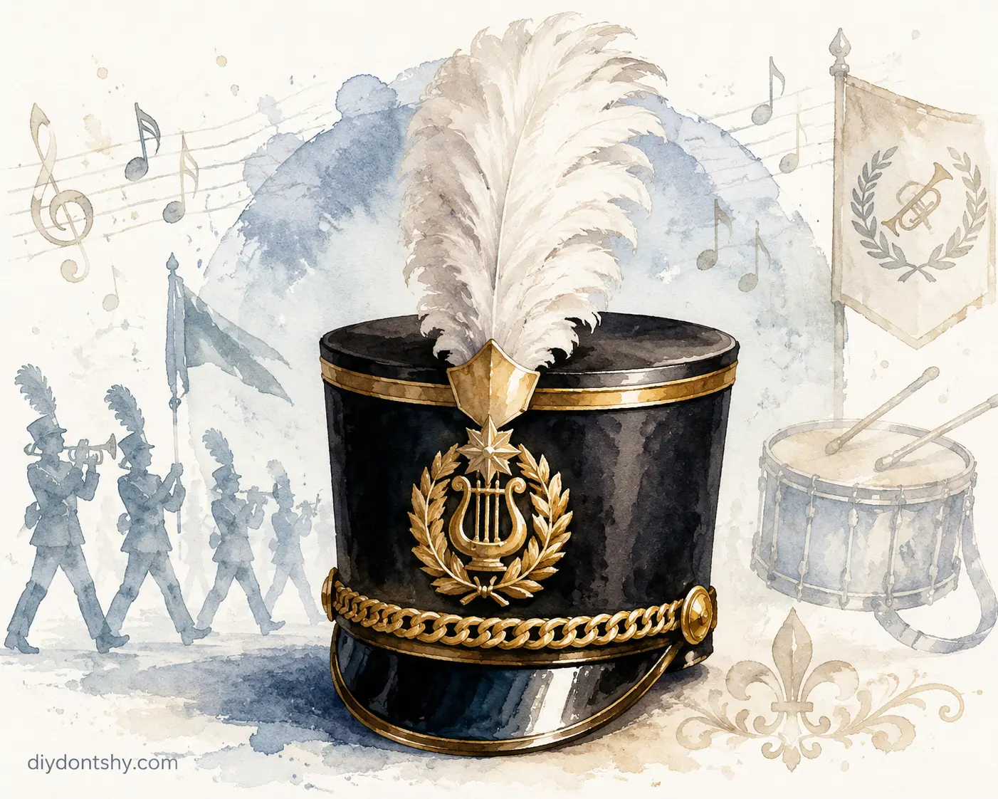 Traditional marching band shako hat with military inspired design