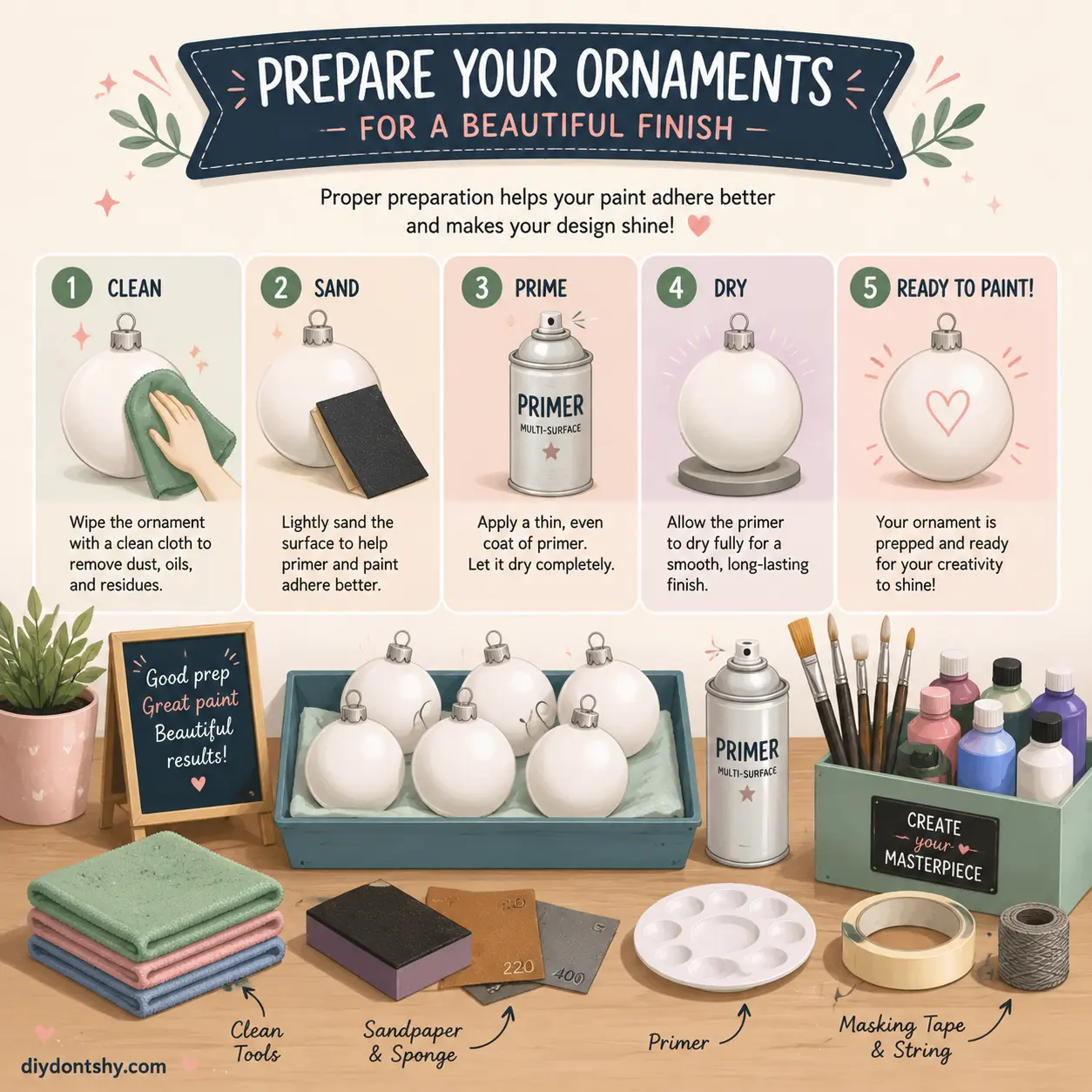 Preparing ornament surfaces with cleaning and priming tools