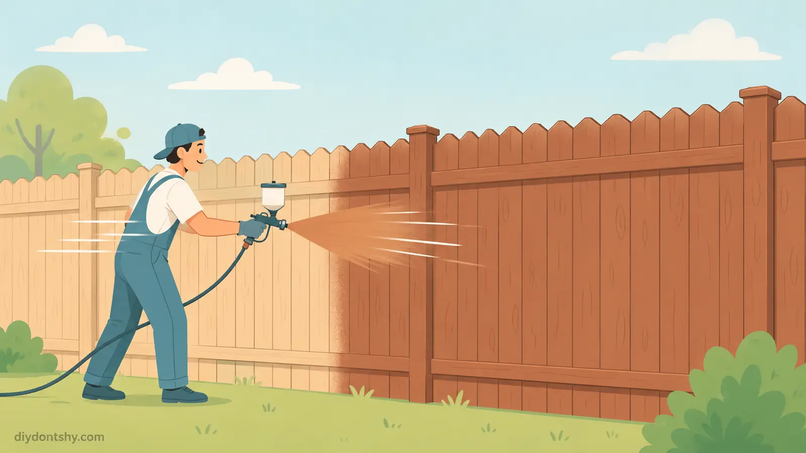 Illustration of a paint sprayer quickly coating a wooden fence evenly