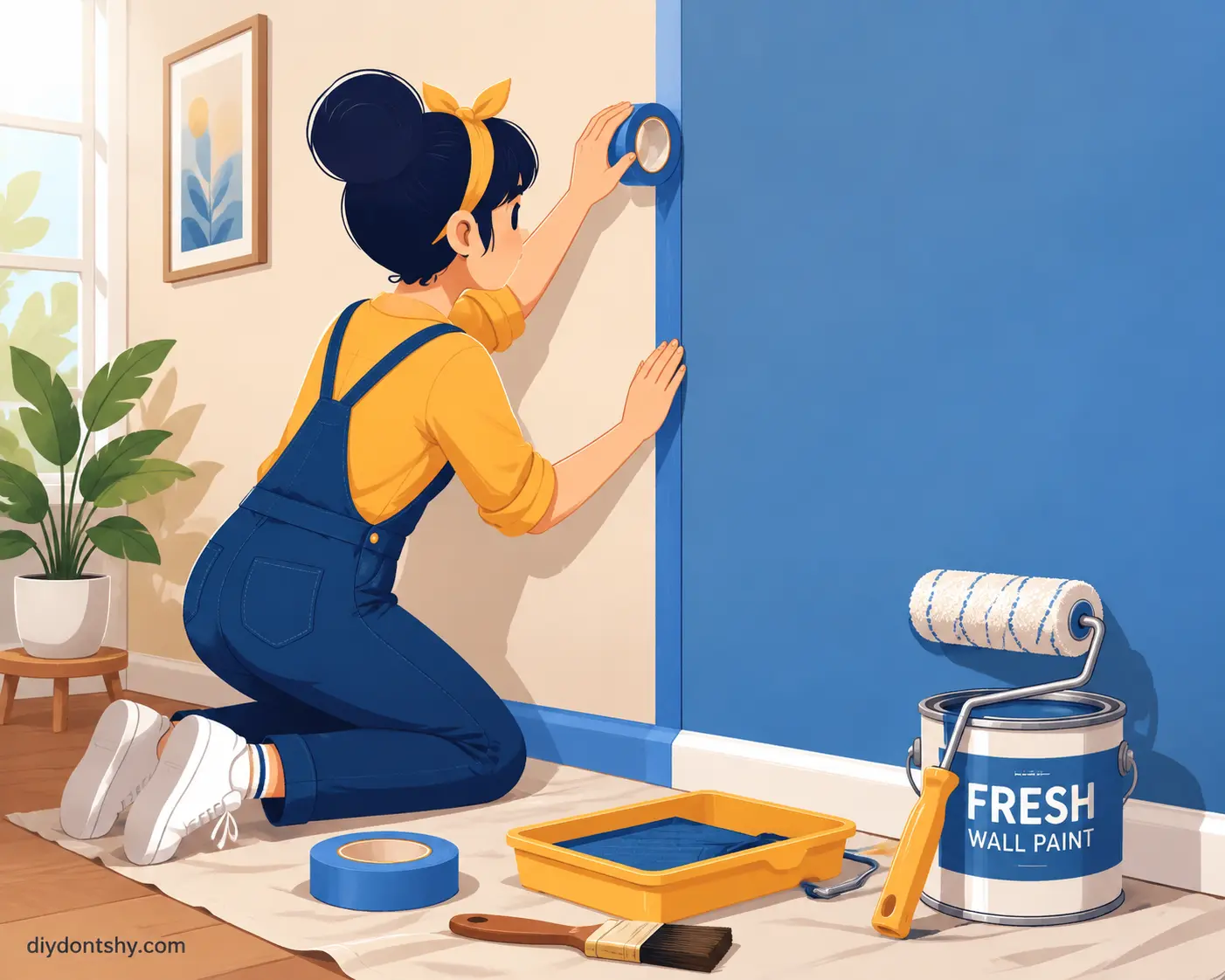 Illustrated painter applying tape to a wall before painting