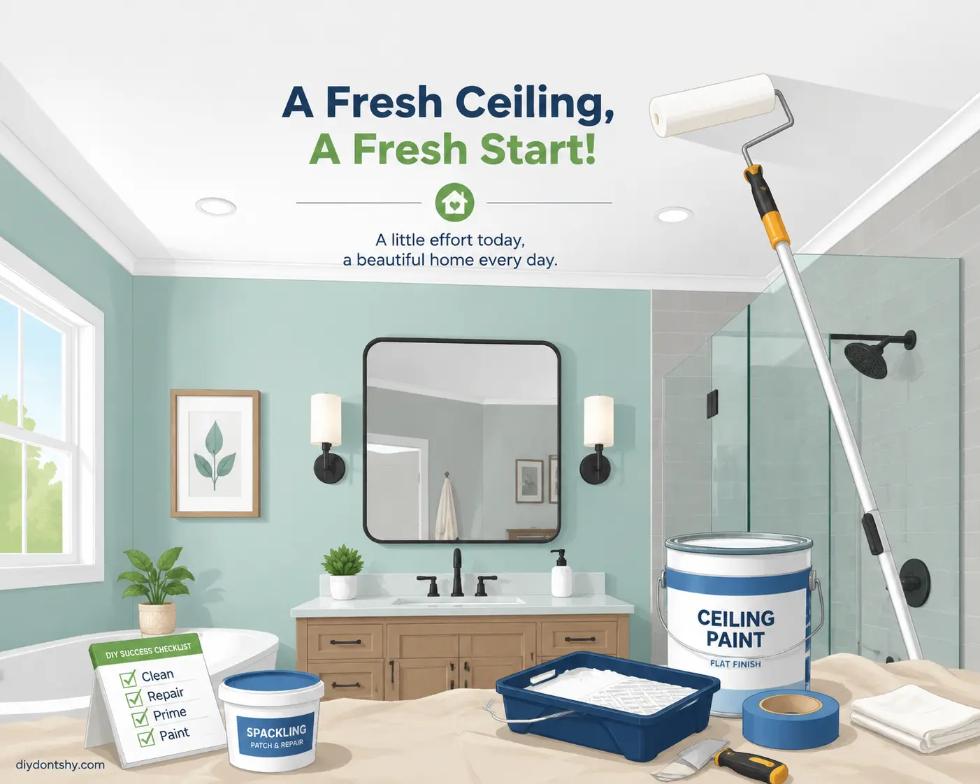 Freshly painted bathroom ceiling with smooth durable finish