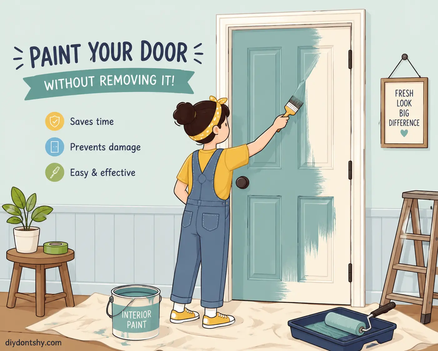 Person painting an installed door with tools nearby