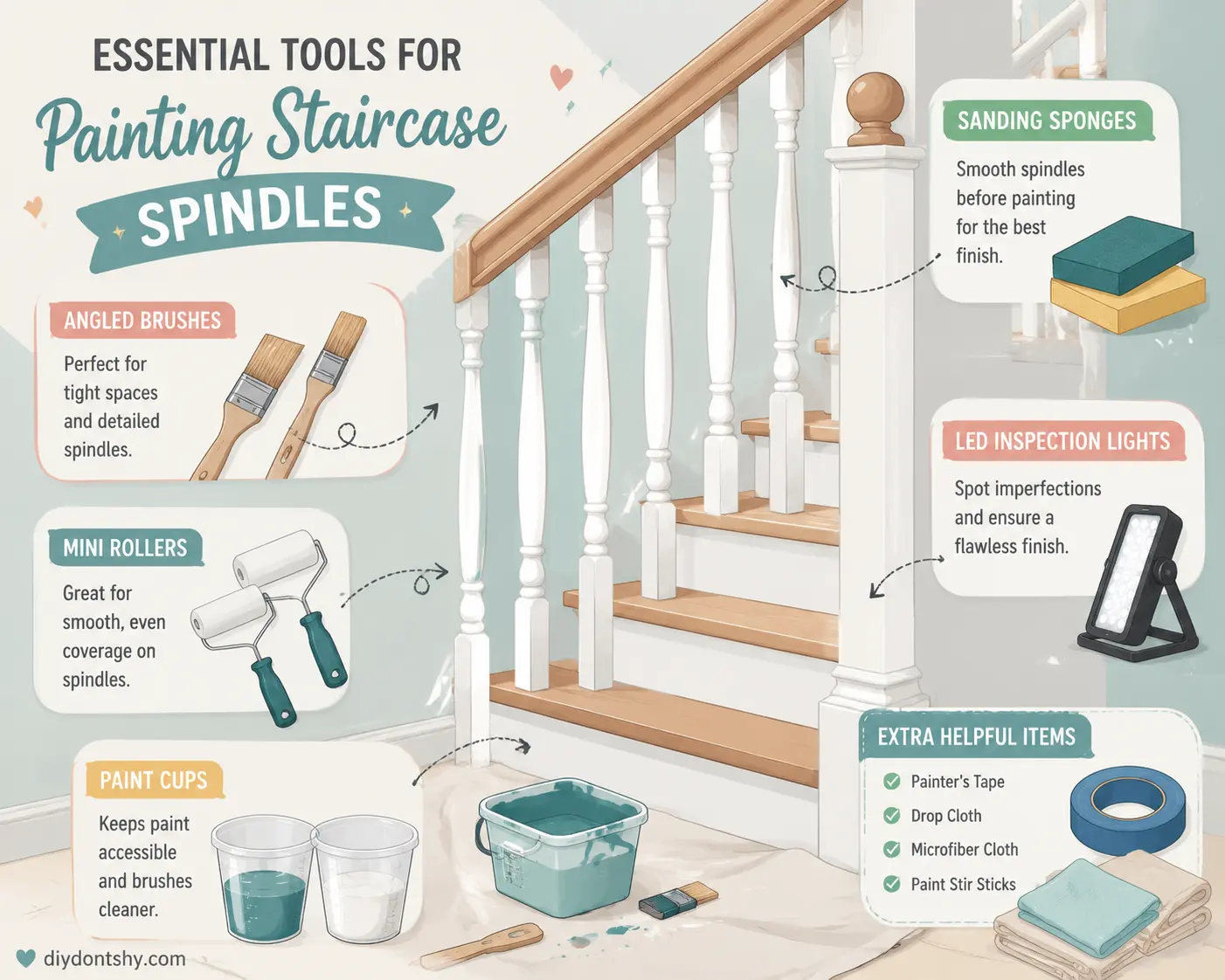 Illustrated tools and techniques for painting staircase spindles
