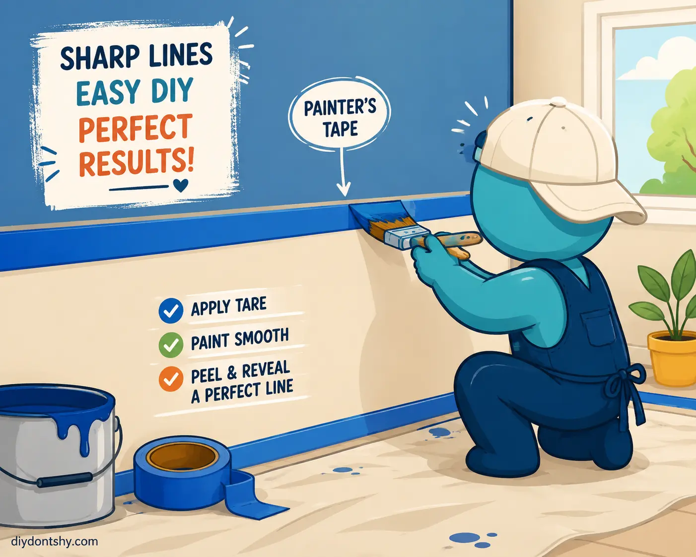 Illustrated painter creating sharp paint edges with tape