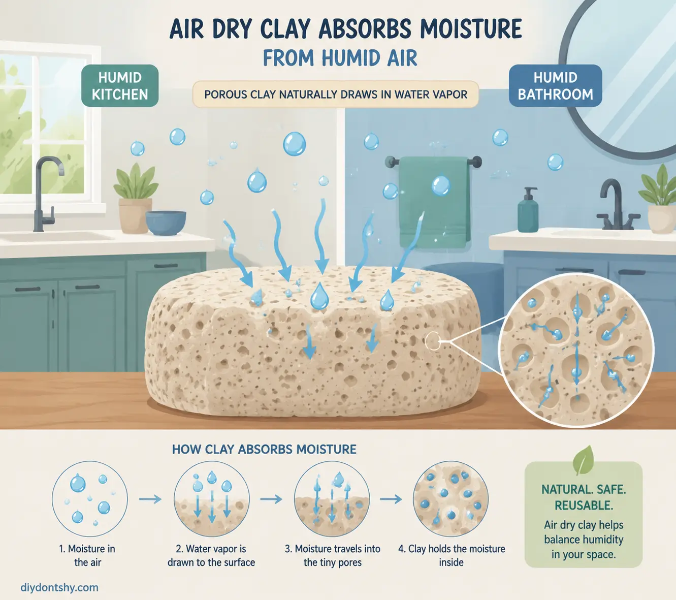 Illustration showing porous clay absorbing moisture in humid environments