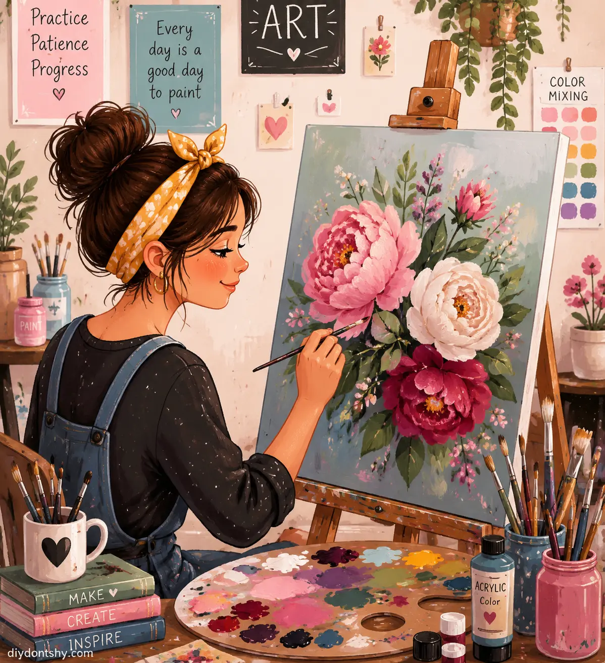 Artist creating a realistic acrylic flower painting with layered petals