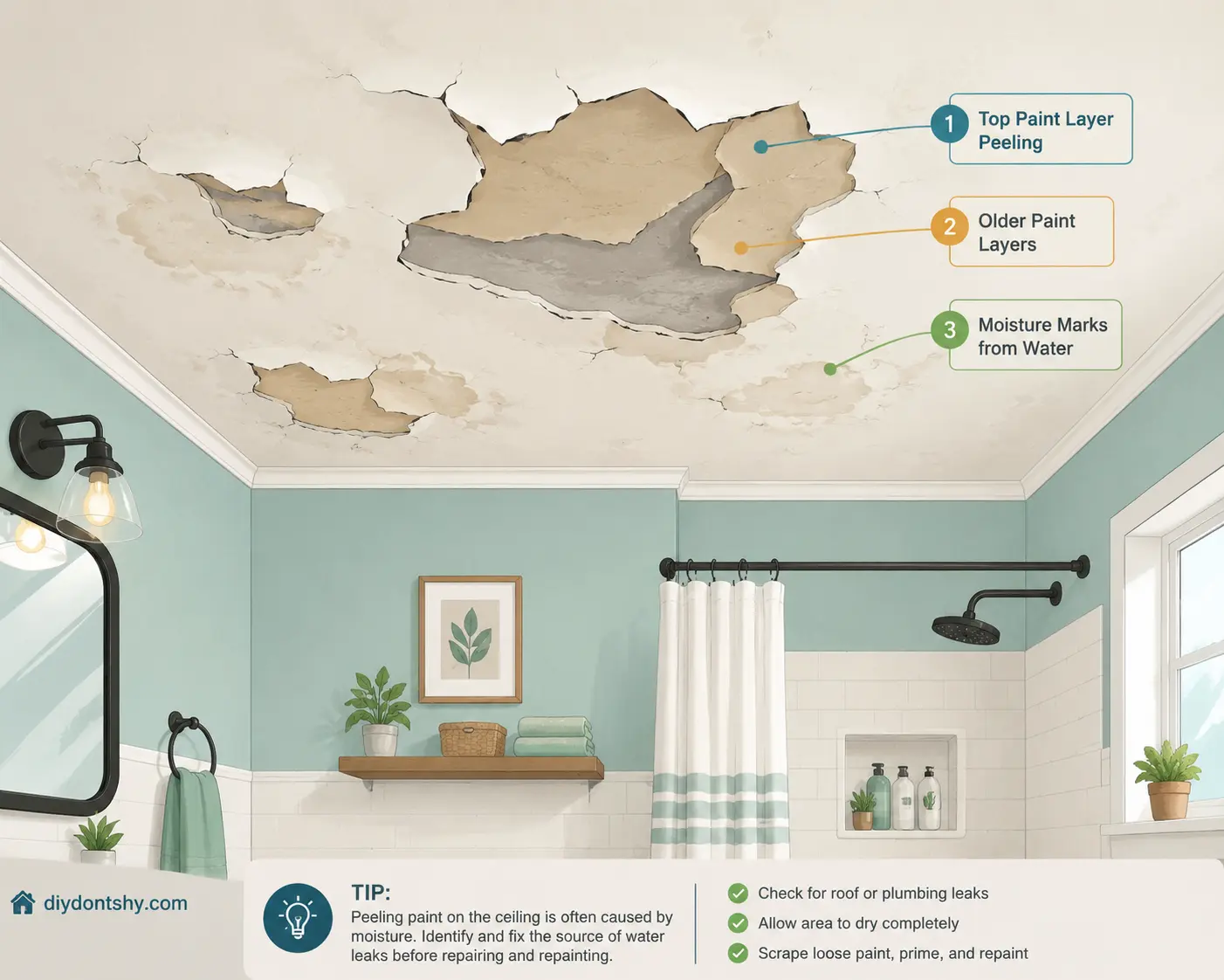 Removing loose paint from a bathroom ceiling with tools