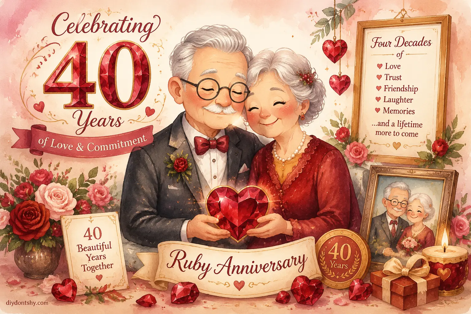 Couple celebrating a ruby wedding anniversary with ruby symbolism