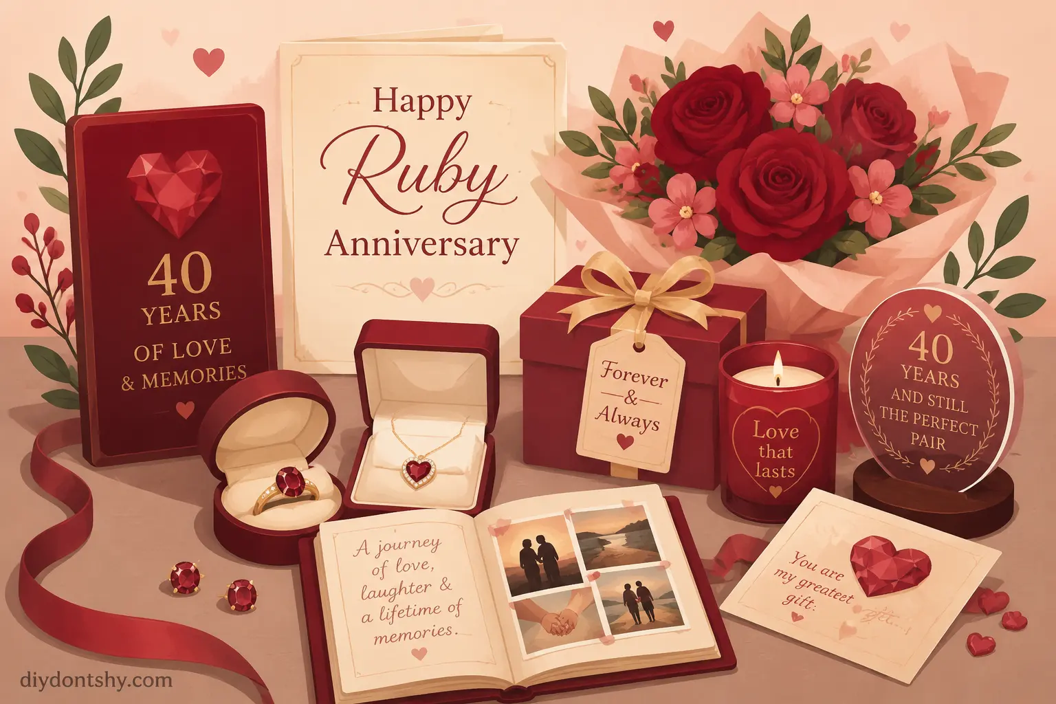 Ruby themed anniversary gifts including jewelry and keepsakes