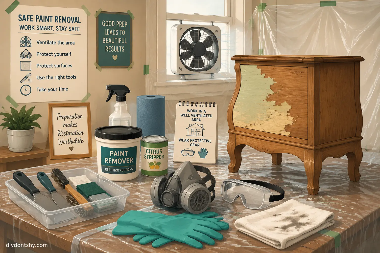 Safe workspace for removing old chipped paint from wood