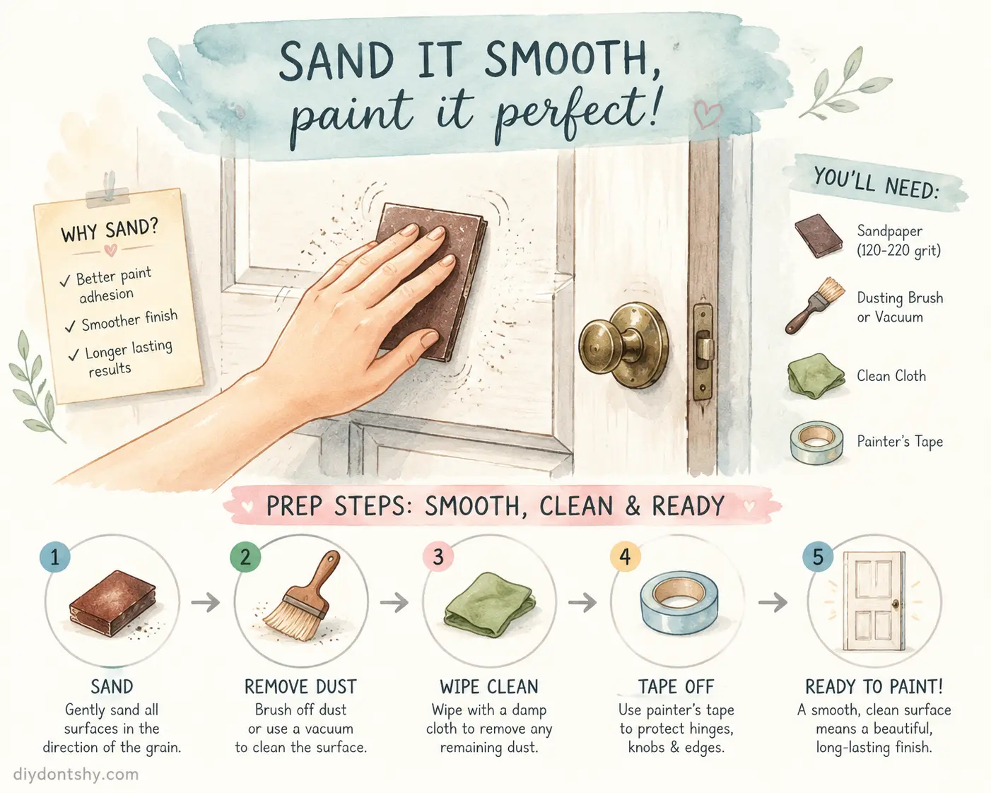 Hand sanding a door surface before painting