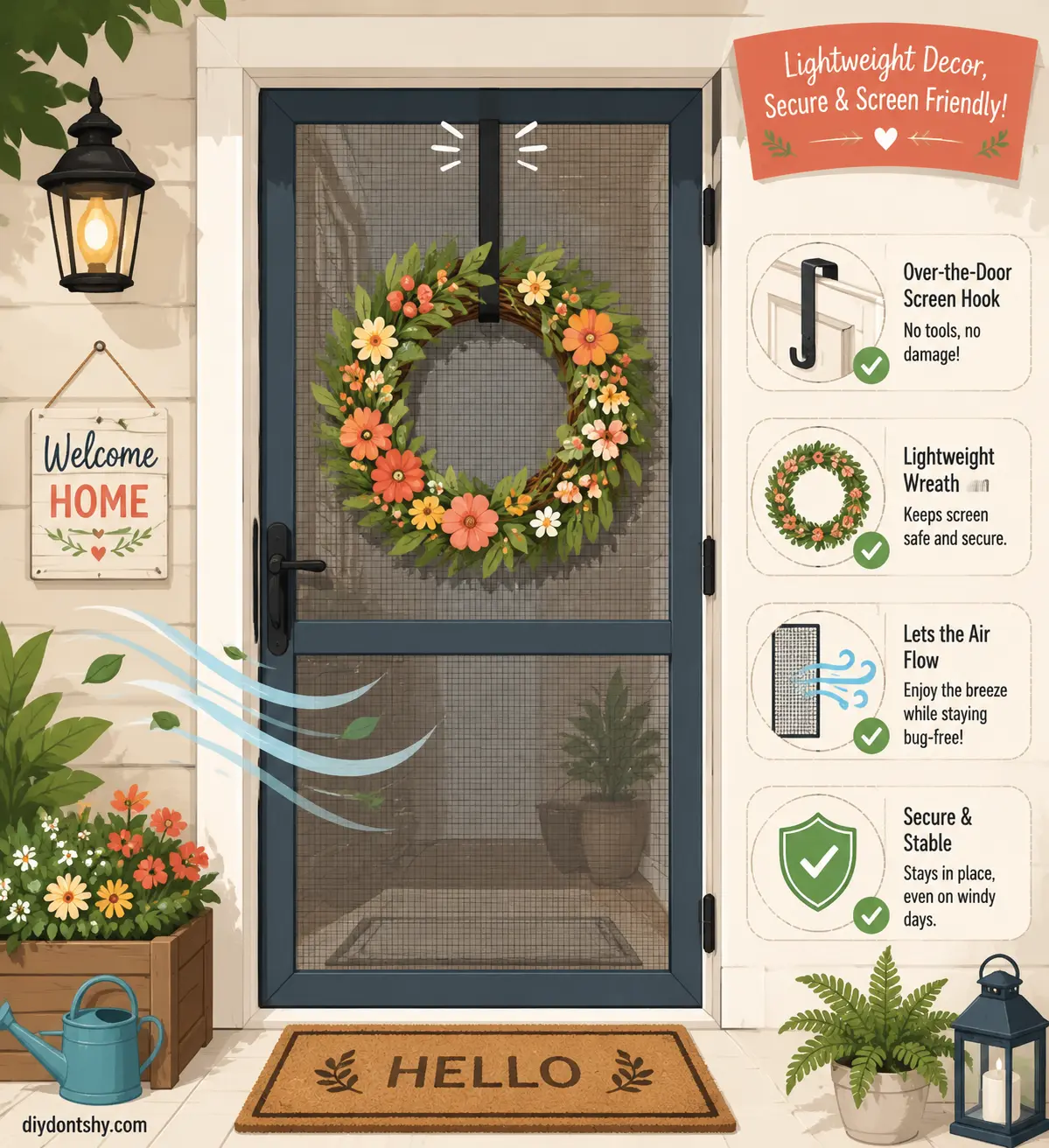 Lightweight wreath hanging on a screen door entrance