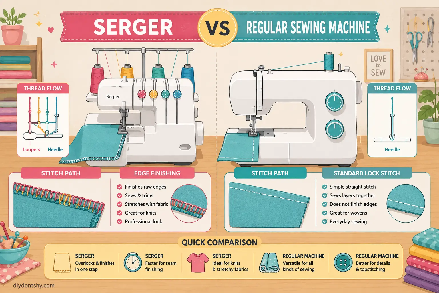 Illustrated comparison between a serger and a regular sewing machine