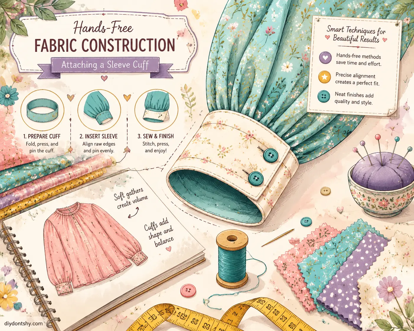 Illustration of sewing a cuff onto a sleeve with fabric tools