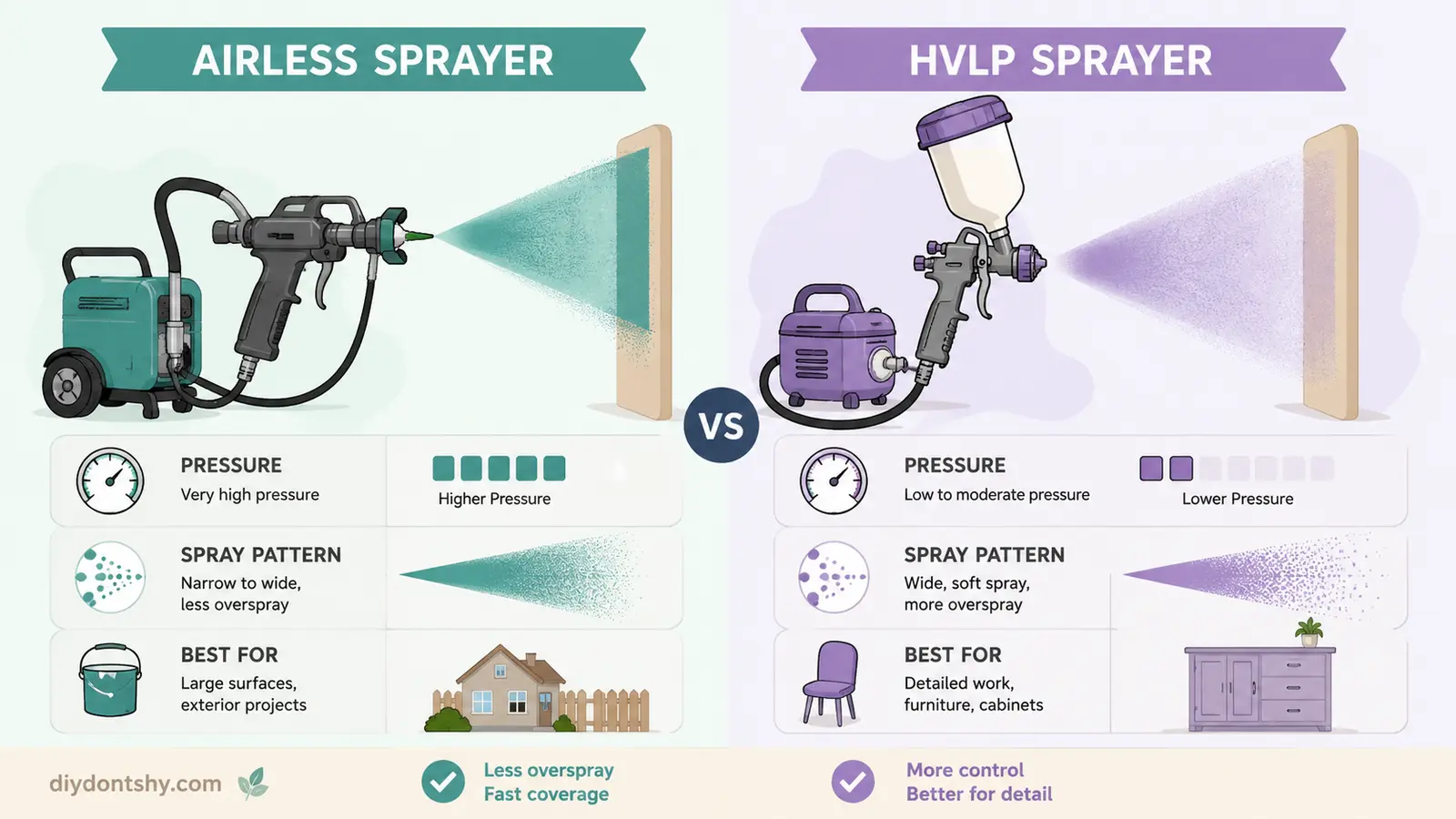 Simple illustration comparing airless and HVLP paint sprayers
