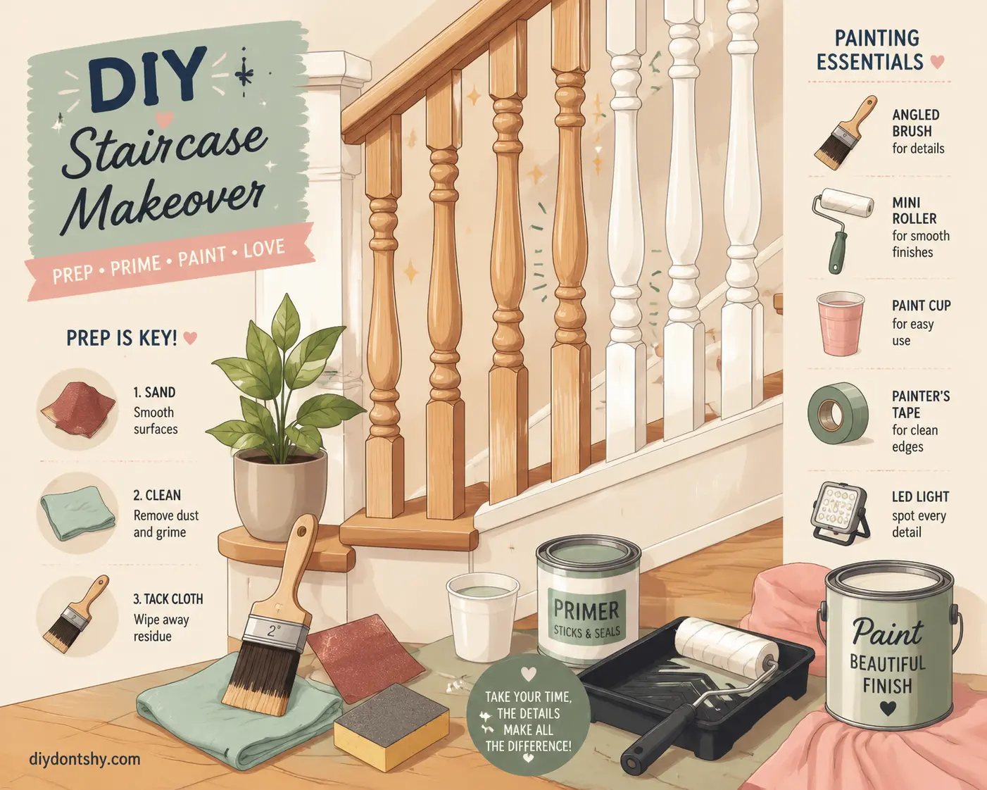 Preparing staircase spindles with cleaning, sanding, and painting tools