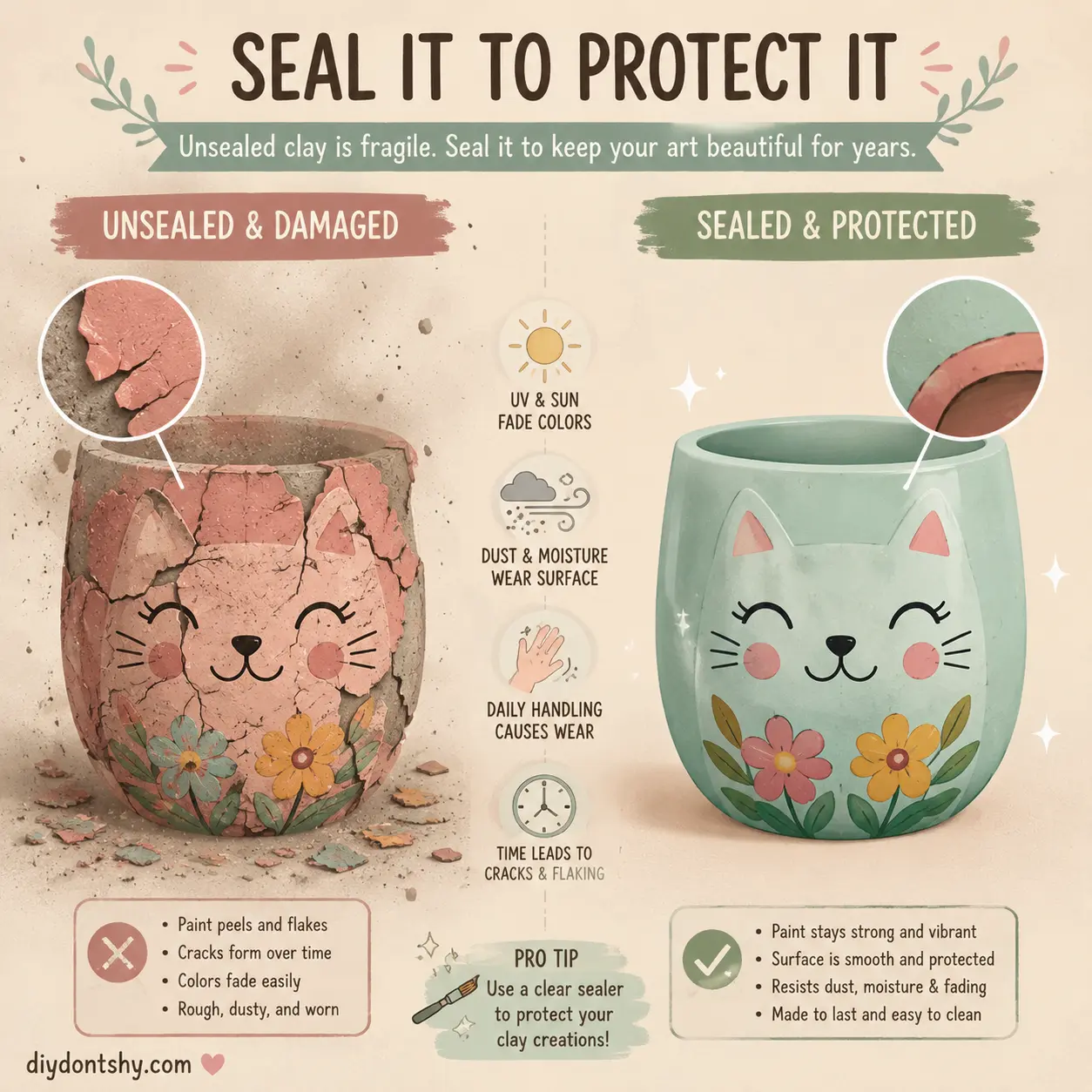 Illustration of unsealed painted clay cracking and paint peeling off