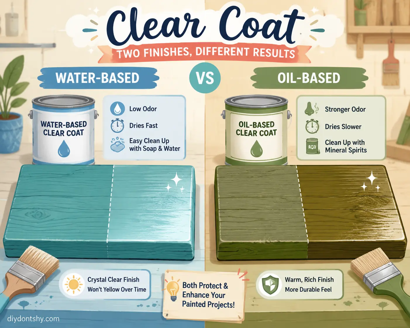 Water-based and oil-based clear coats compared on painted wood