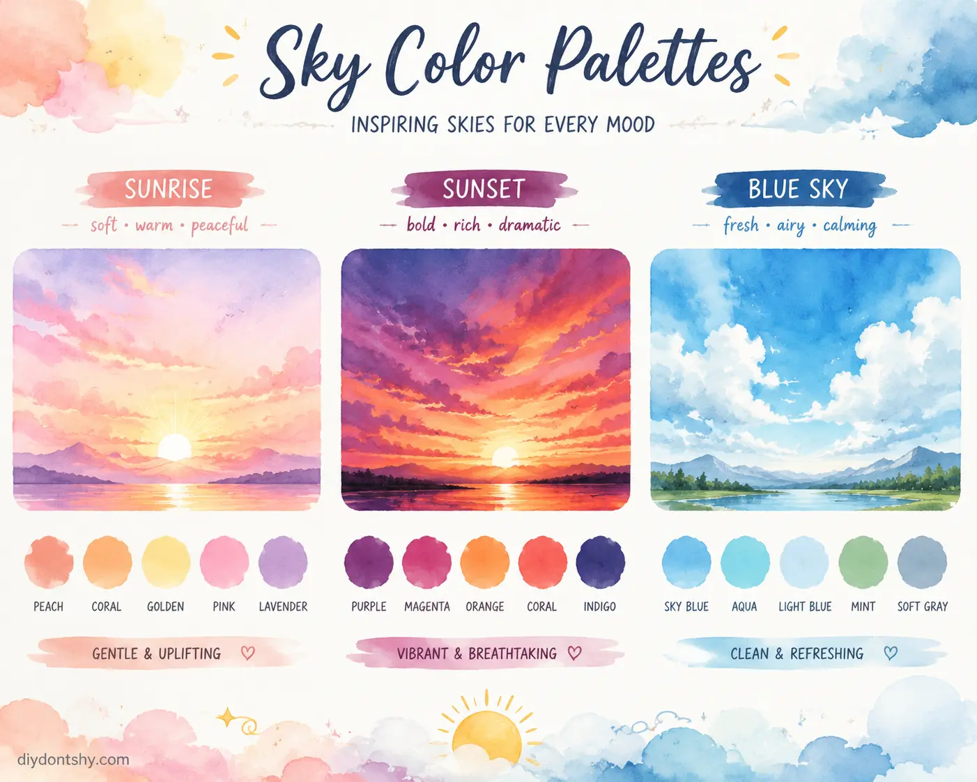 Color palettes showing different watercolor sky moods