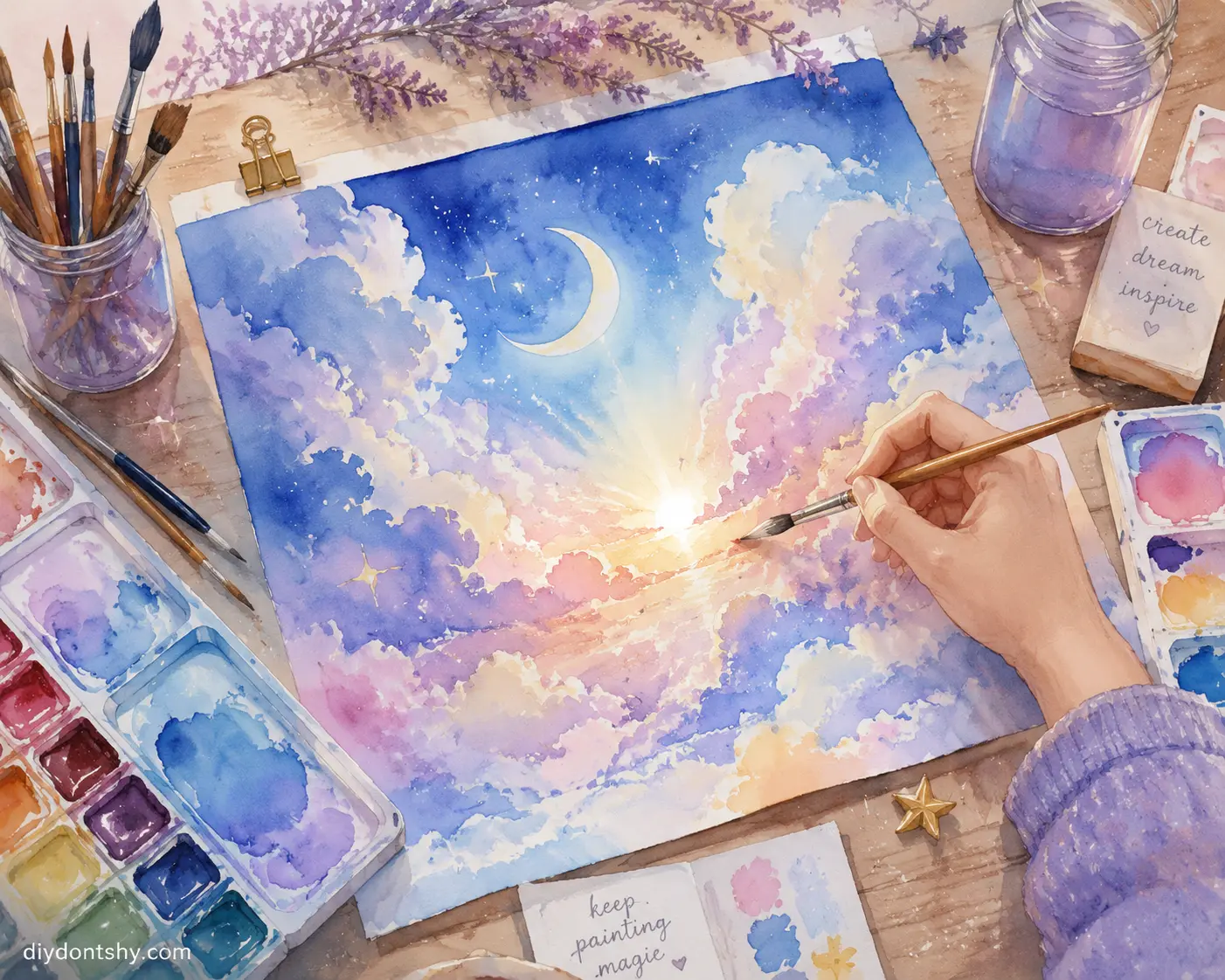 Watercolor artist painting a magical sky wash