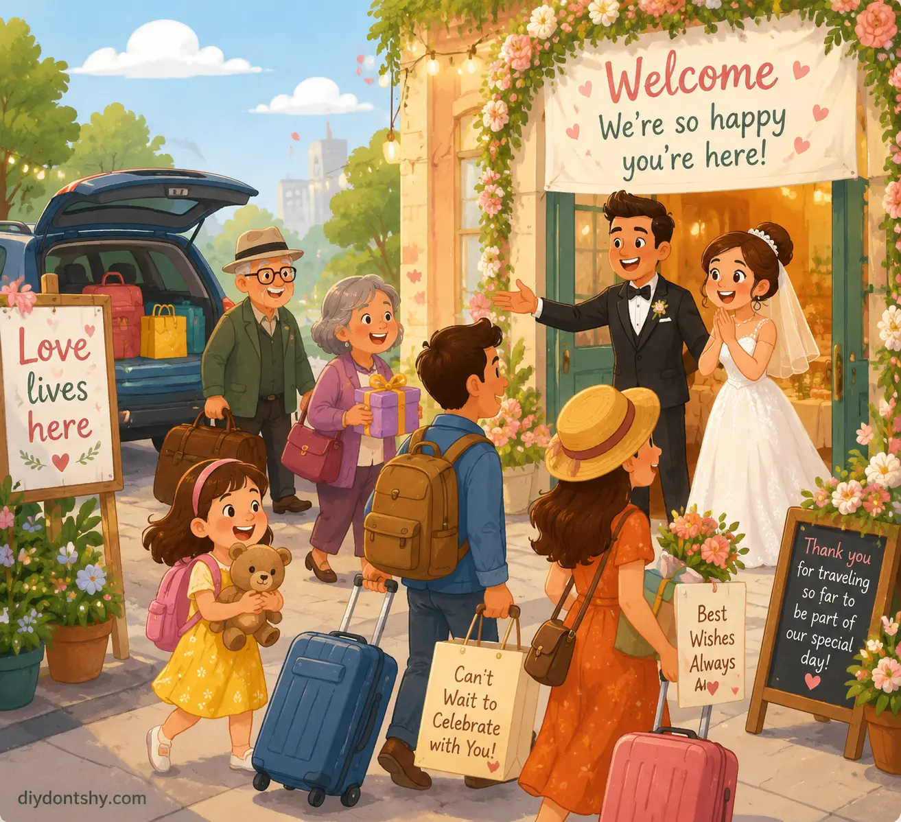 Wedding guests traveling and supporting a special celebration
