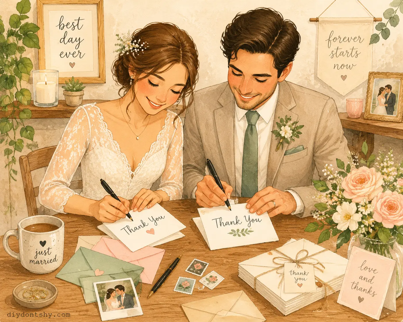 Couple writing heartfelt wedding thank you cards at home