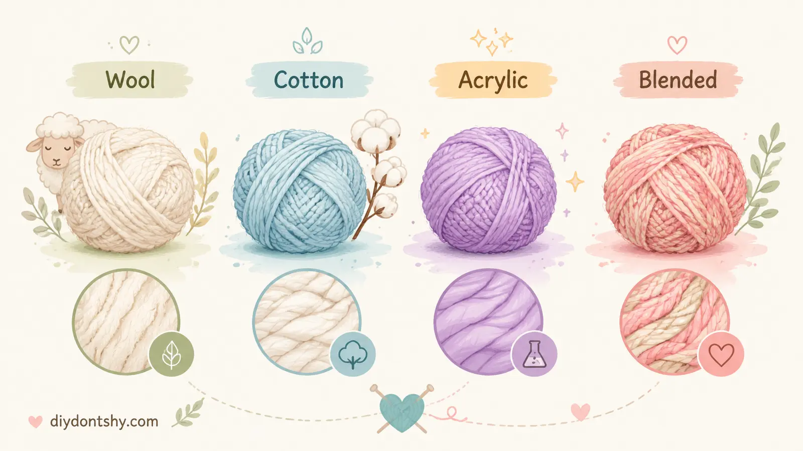 Different worsted weight yarn fibers showing texture and variety